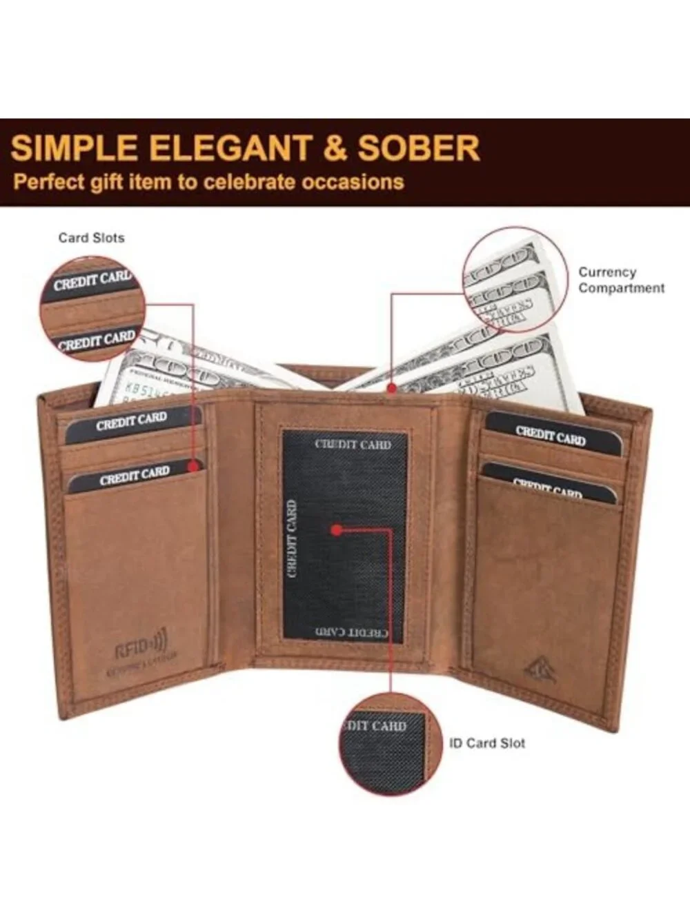 Genuine Leather Slim Trifold Wallet with ID Window & RFID Blocking | Stylish